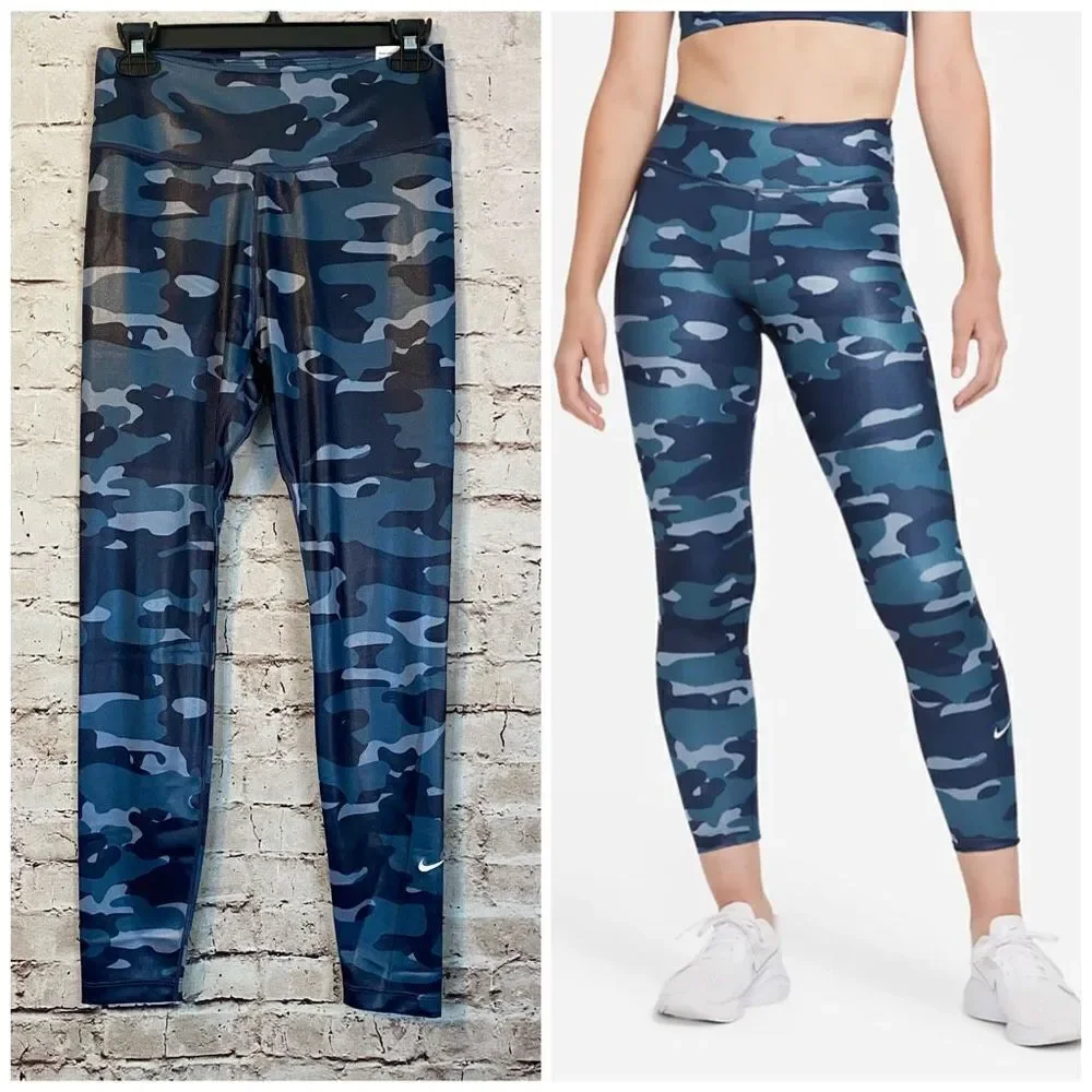 Nike One Blue Camo Leggings Mid-Rise Lightweight Full Length NWT Size Medium
